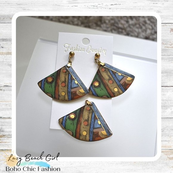 Hand Painted Porcelain Earrings & Pendant Set - Picture 1 of 3